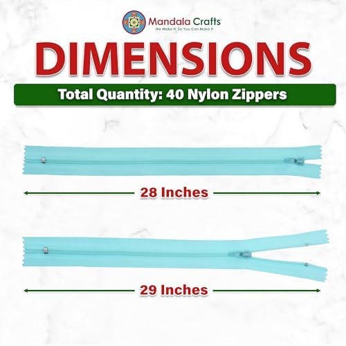 Mandala Crafts 40 PCs Turquoise Closed-End 28 Inch Nylon Zippers for Sewing