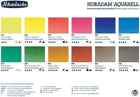 Schmincke - HORADAM AQUARELL Compact Color Box with 12 Finest Watercolor Colors, 1 Davinci Brush, 74 012 097, Metal Box, Painting Set, Finest Watercolor Colors, 12 x 1/2 Pans