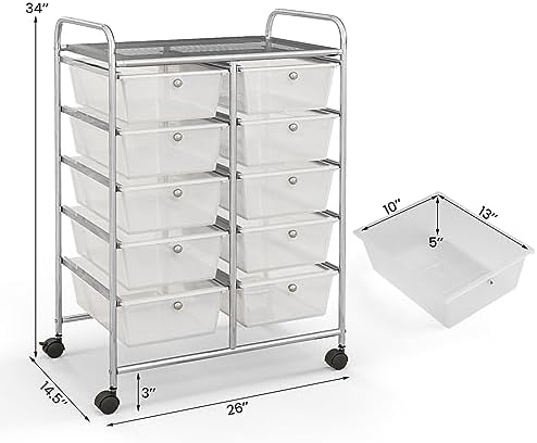 Giantex 10 Drawers Rolling Cart, Classroom Organizers, Storage Cart with Wheels, for Teacher Office Home School Supplies Tool Craft Art Paper, Clear White