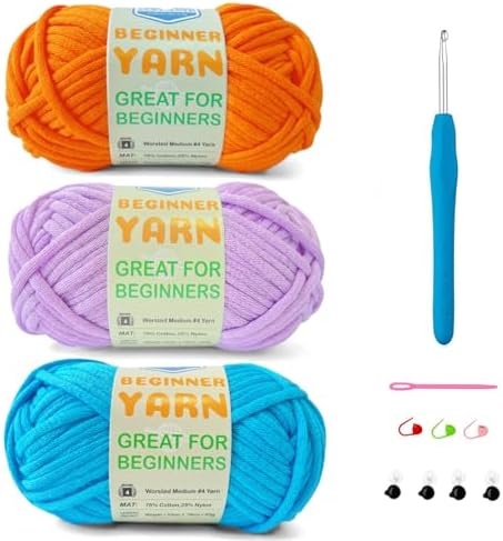 3 * 50g/1.76oz Yarn for Crocheting and Knitting, 3 * 60yds Beginner Yarn with Easy-to-See Stitches; Worsted-Weight Medium #4;Amigurumi-Friendly Crochet Kit(Blue+Orange+Purple)