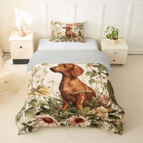 Erosebridal Dachshund Duvet Cover Toddler Size Wildflowers Bedding Set for Kids Boys Girls Animal Vintage Botanical Comforter Cover Watercolor Style Bedclothes Room Decor