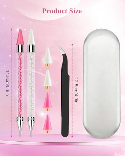 Rhinestone Picker Tool, Wax Pencil for Rhinestones Tool, Dual-ended DIY Nail Bedazzling Tools With 2 Extra White and 2 Extra Pink Replaceable Wax Head and 1 Tweezer(White and Pink)