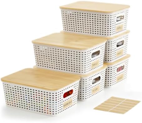 Bagnizer Small Plastic Storage Bins with Bamboo Lids 5.2qt Stackable Box Basket Pantry Decorative Containers Cute with Labels for Organizing Desktop Closet Office Cream White of 6 packs 10*7.2*4.1"