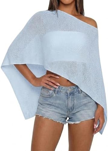 Women Sheer Knit Poncho Top Beach Cover Up Lightweight Crochet Shrug Y2k Summer See Through Shawl