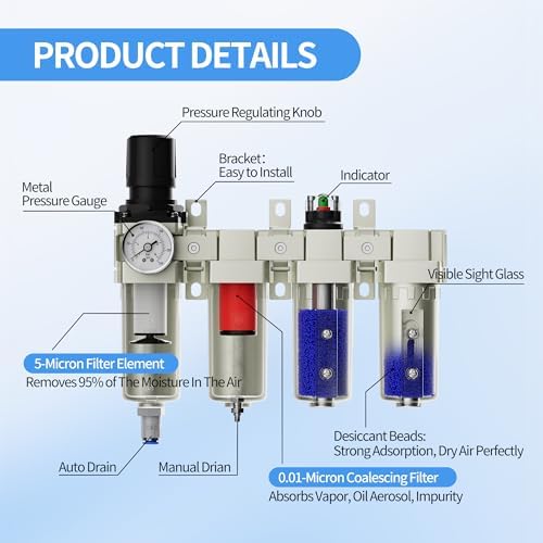 3/4" NPT Air Compressor Water Separator, Industrial 4 Stage Air Drying System for Compressor, High Flow Air Filter Regulator Auto Drain Oil Water Separator for Sandblasting & Spray Painting