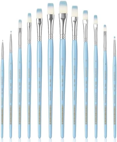 12 Pcs Flat Professional Artist Watercolor Paint Brush Set, Blue