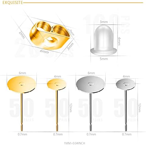 Mix Earring Posts Stainless Steel, Hypoallergenic Flat Pad Earring Studs