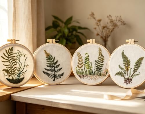Fern Botanical Embroidery Kits for Beginners Adults, Vintage Plant Embroidery Sets Needlepoint Kits, Stamped Cross Stitch Kits for Beginners Adult, 4 Embroidery Hoops, Fabric (Attached Video Tutorial)