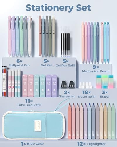 Four Candies 56PCS School Supplies with Pencil Case, Stationery Set, Blue