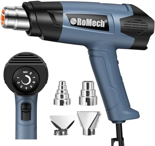 ROMECH 1500W Heavy Duty Heat Gun, Variable Temperature Control Hot Air Gun Kit with 2 Air Flow 120°F~1200°F and 4 Nozzles for Crafts Shrink Wrap (Blue)
