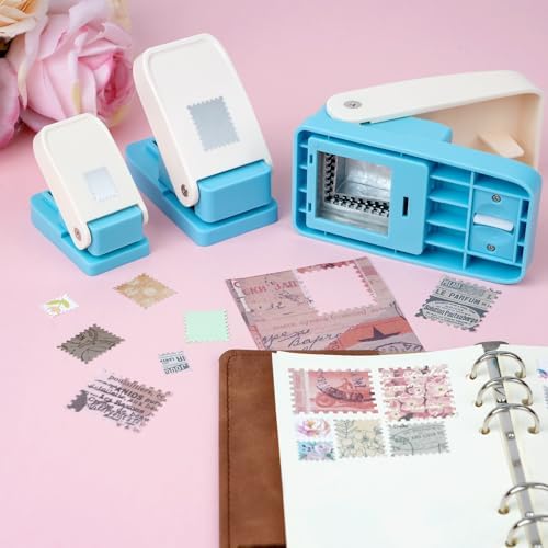 3Pcs Stamp Punch, Rectangle Postage Stamp Shape Punch, 1.5X1.25inch, 1X0.8inch, 0.66X0.53 inch Stamp Puncher, Lever Craft Hole Cutter Paper Punches for Crafting DIY Scrapbooking Card Making Journaling