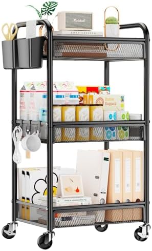 YASONIC 3 Tier Metal Rolling Cart, Black Utility Storage Cart with Wheels | Metal Mesh Craft Cart With Hooks & Hanging Cups, Ideal For Kitchen, Bathroom, Office, Dorm, Art Workspace, Bedside Storage