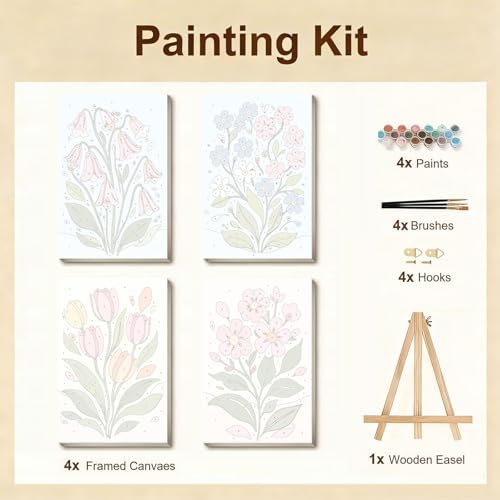 Gemozaic 4 Pack Paint by Numbers Kit for Adults with Frame, Easy Flowers