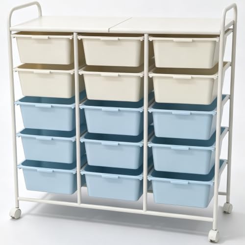 15-Drawer Rolling Storage Cart with Wheels, 2-Color Plastic Drawer Cart | Mobile Organizer Cart, Utility Storage Trolley for Office, Living Room, Craft Room, Bathroom, and Home Organization