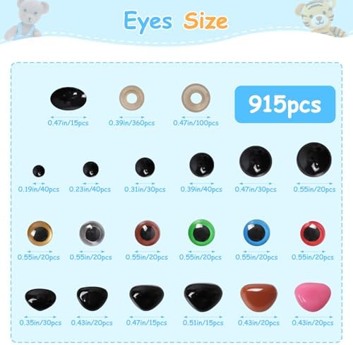 915 PCS Safety Eyes and Noses with Upgraded Installation Tool — 12 Sizes, 10 Colors Amigurumi Eyes for Crocheting, Stuffed Animals & Doll Making — Includes 10-30mm Sizer Tool for Easy Crafting(Blue)