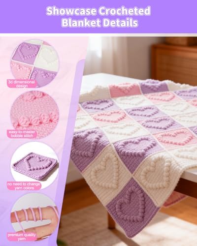 Coopay Crochet Kit for Beginners, 3D Heart Granny Square Blanket Kit, Set A
