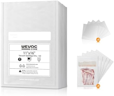 Wevac 11" x 16" Precut Vacuum Sealer Bags, 100 Count, Includes 5 Liquid Block Bags & 5 Bone Guard Pieces, Heavy Duty for Food Storage, Sous Vide & Meal Prep
