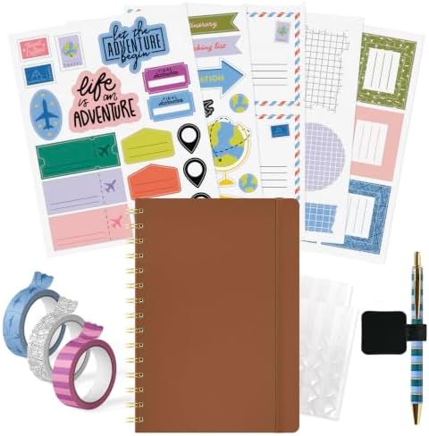 PAPERAGE Travel Journal Kit, Travel Notebook & Scrapbook Set, Hardcover Blank Spiral Notebook, 5 Sticker Sheets, 2 Photo Corners, 3 Washi Tapes & Black-Ink Gel Pen with Pen Holder - Cognac