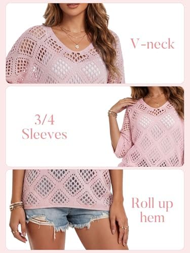 Womens Crochet Top Summer 3/4 Sleeve Cover Up V Neck Boho Tops