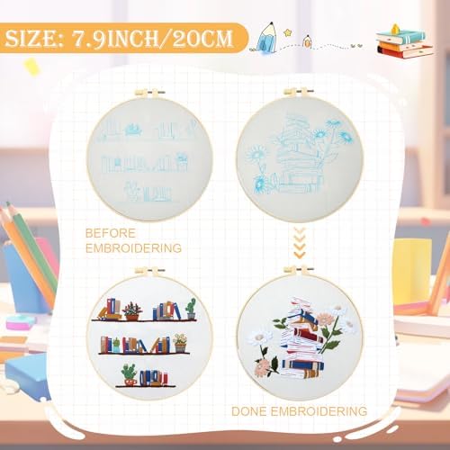 CMINAUS 5 Sets Embroidery Kit for Beginners Adults Book Lover, Embroidery Starter Kit Book Pattern Hand Crewel Needlepoint Cross Stitch Kits Includes 2 Hoops Colored Threads Needles
