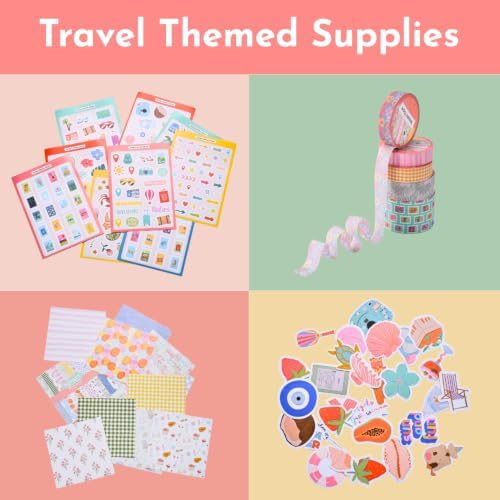 Travel Scrapbook & Junk Journal Supplies Kit – Travel Stickers, Scrapbook Paper, Washi Tape, Memo Pad, Embellishments, Glue Tape Runner & Glue Dots for Journaling & Memory Books (Travel)