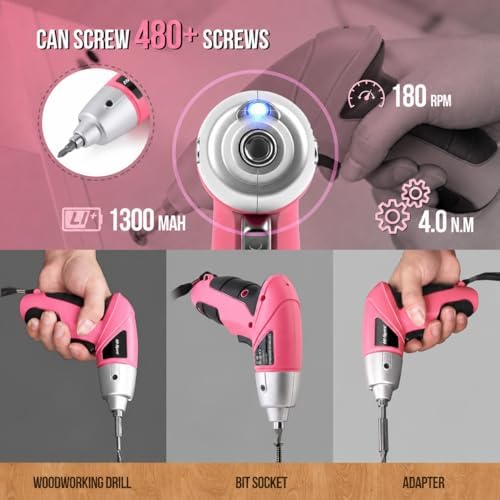 Hi-Spec Small Electric Screwdriver, Mini Drill Set, Rechargeable 3.6V Cordless Screwdriver with 26 Driver Bits, Power Tool for Small Projects & Home Use, Pink | 27pc, Speeds furniture assembly, comfortable cordless control, LED work light, USB charging...