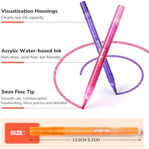 JoyCat 12-Color Glitter Markers for Kids, 3mm Paint Pens, High-Capacity Ink