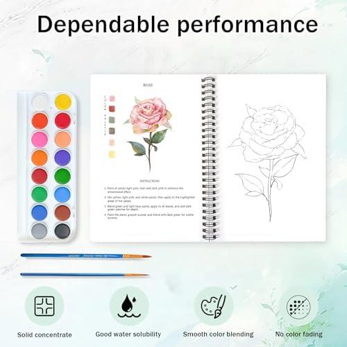 Watercolor Workbooks, 16 Colors Water Color Books Paint Set for Adults, Watercolor Coloring Book for Beginners, Water Color Workbook, 15 Beautiful Paintings for Beginners (Plants)