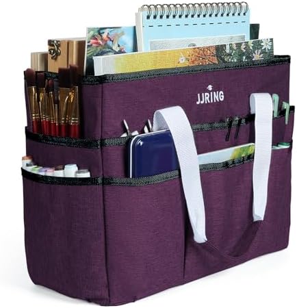 JJRING Craft Organizer Tote Bag Large Art Storage Caddy Deep Purple | With Multiple Pockets For Sewing, Scrapbooking, School, Medical, And Office Supplies