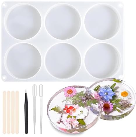 Silicone Resin Coaster Mold Set, 3.93-Inch Round, 0.82-Inch Deep Reusable Flexible Mold for Epoxy Resin Casting with 3 Tools, LeilieCSC