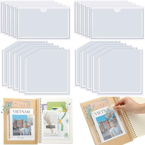 Junkin 20 Pcs Adhesive Pockets for Planners Self Sticky Clear 2 Styles | Top Open Index Card Holder, Vinyl Adds Storage to Notebooks Journals, Ideal Inserts in Office School Scrapbook Organizing