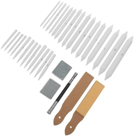 WRITWAA 33pcs Blending Stump and Tortillon Drawing Set with Sandpaper Sharpeners, Pencil Extension Tools, and Kneaded Erasers for Artists and Sketching Enthusiasts
