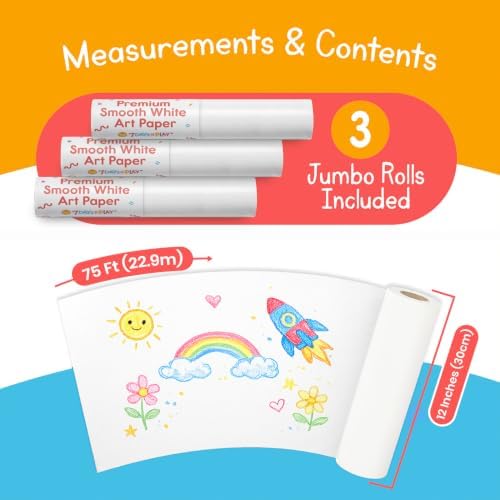 Art Paper Roll Refills – 12" x 75 ft (3-Pack) – Replacement Paper Rolls for Kids’ Art Tables, Easels & Craft Stations – Smooth White Drawing Paper – 7 Days of Play
