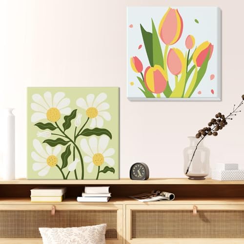 Flowers Paint by Number for Adults Beginners and Kids, 4 Pack DIY Adult Paint by Number Kits on Canvas Framed, Color by Numbers Acrylic Oil Painting Number Kits Crafts for Home Wall Decor 8x8inch