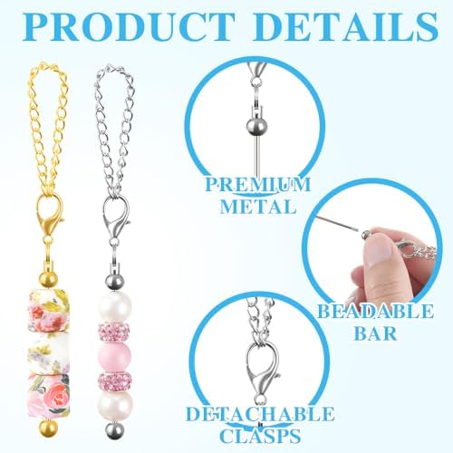 16PCS Beadable Keychain Bar Bulk, Metal Blank Beaded Keychain Bar for Beads DIY Crafts Charms Jewelry Making Supplies