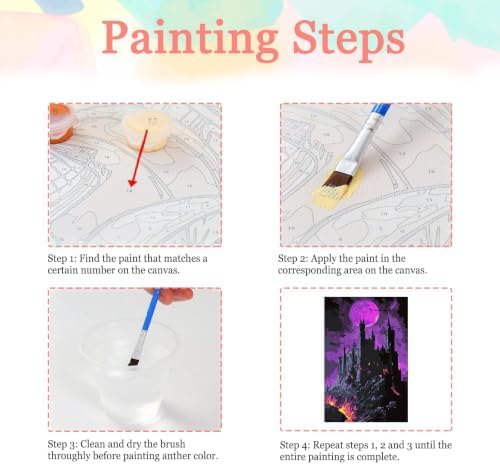 Auremi Halloween Night Paint by Number Kits with Framed, DIY Castle Paint by Number Canvas for Adults, Easy Acrylic in Canvas with Brushes for Decor 20x30cm