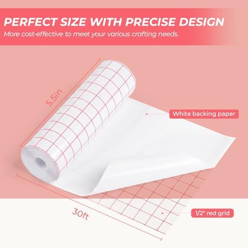 HTVRONT Transfer Tape for Vinyl, 5.5" x 30 FT, Red Alignment Grid