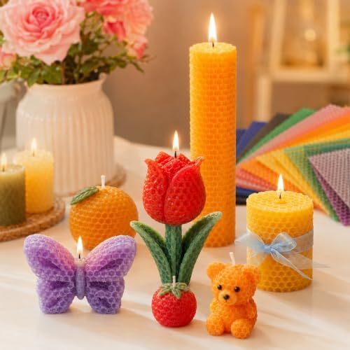 24 Pack Beeswax Sheets For Candle Making, 8x8 Inch Beeswax Candle Making Kit Assorted Colors, Beeswax Candle Making Kit For Kids And Adults DIY Craft, Natural Honeycomb Wax With 24 Cotton Wicks