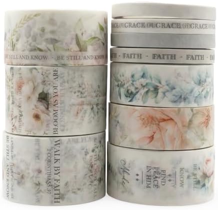 Bible Journaling Washi Tape Set for Women – 10 Rolls Floral Faith Theme Washi Tape with Scripture Verse & Christian Words, Decorative Tape for Planner, Prayer Journal Supplies (10)