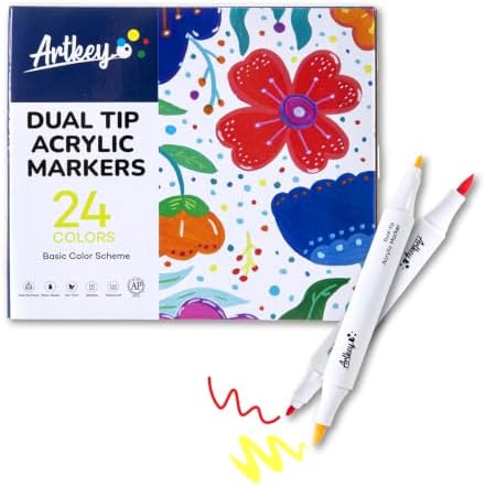 Artkey Acrylic Paint Markers 24 Colors, Dual Tip Acrylic Paint Pens with Brush and Fine Tips, Acrylic Markers Set for Rock Painting, Wood, Canvas, Glass, Ceramic, Stone, Fabric, Plastic, DIY Crafts