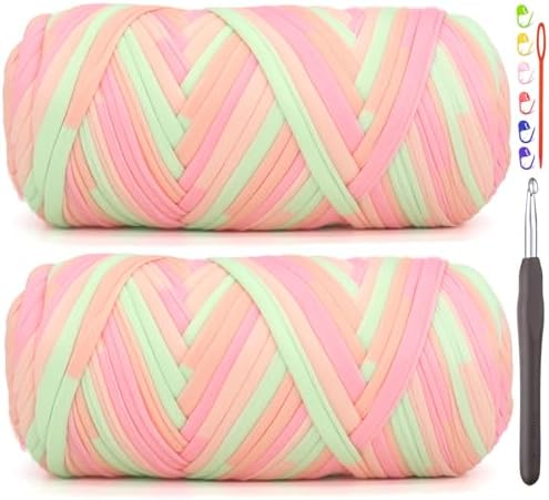 2 Pack Tshirt Yarn for Crocheting,Rainbow T Shirt Chunky Elastic Fabric Thick T-Shirt Crochet Yarn for Beginners Crocheting Hand Knitting Bag/Basket/Coasters/DIY Crafts/Home Decor 2 * 200G-Pink Green