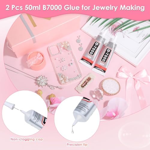 Jollidecor B-7000 Clear Fabric Glue, 2 PCS 50ML Rhinestone Jewelry Glue Super Strong Adhesive for All Purpose DIY Art Crafts Stone Beads Jewelry Repair