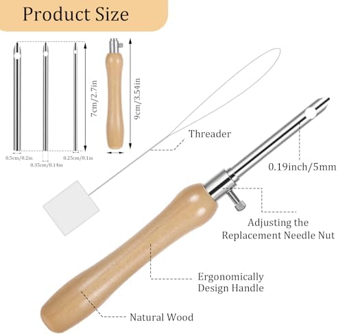 Oruola 5pcs Punch Needles, Lavor Punch Needle Set for Beginner DIY Craft Floss Cross Stitching Embroidery Tools,2.5/3.5/5mm Metal Tubes Wooden Punch Needle Tool and Punch Needle Threader