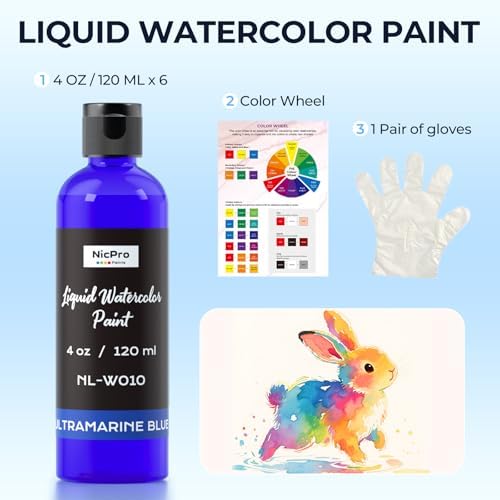 Nicpro 6 Colors Liquid Watercolor Paint Set, 4oz Non-Toxic Water Colors
