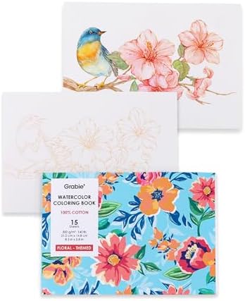 Grabie Watercolor Coloring Book, 15 A5 Cotton Sheets, Flower Themed
