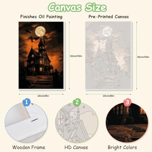 Spandrel Paint by Numbers for Adults Halloween Haunted House Canvas Oil Painting Kit, Gothic Spooky Full Moon Horror Landscape Number Painting, Dark Halloween Wall Art Decor Gift for Beginners