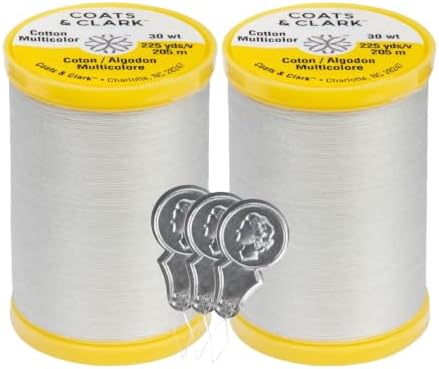 Coats & Clark Cotton All Purpose Sewing Thread 100% Mercerized Cotton 225 Yards Each Spool S970 2 Pack Bundle with 3 Bella's Crafts Needle Threaders (Silver)