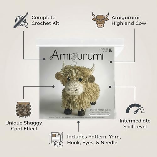LEISURE ARTS Amigurumi Highland Cow Crochet Kit Tan – Adult Crochet Kit for Amigurumi Animal Project, Highland Cow Plush 8 Inch Finished Figure