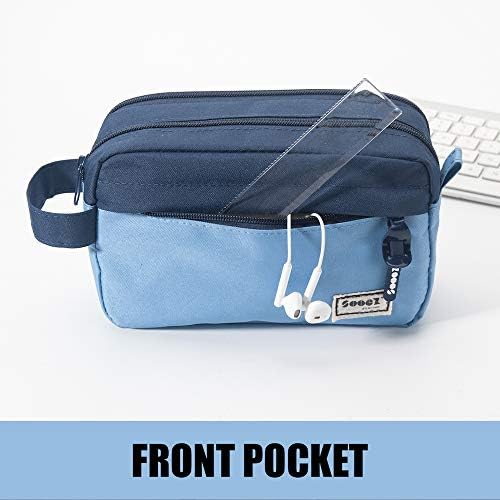 Sooez High Capacity Pencil Case, Big Pencil Bag Pouch Box Organizer Pen Case, Portable Journaling Supplies with Easy Grip Handle & Loop, Asthetic Supply for Girls Adults, Blue