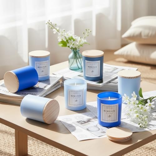12Pcs Assorted Blue Candle Jars for Making Candles, 10oz Empty Jars with Bamboo Lids and Labels, Glass Candle Jars for Candle Making Supplies, Candle Containers for DIY Gifts